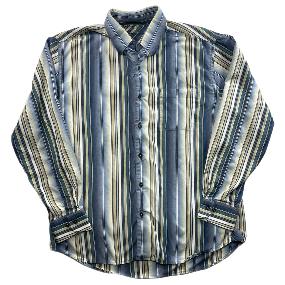 Tommy Bahama Shirt Large Blue Yellow Stripe Long Sleeve Button Silk Tencel Blend